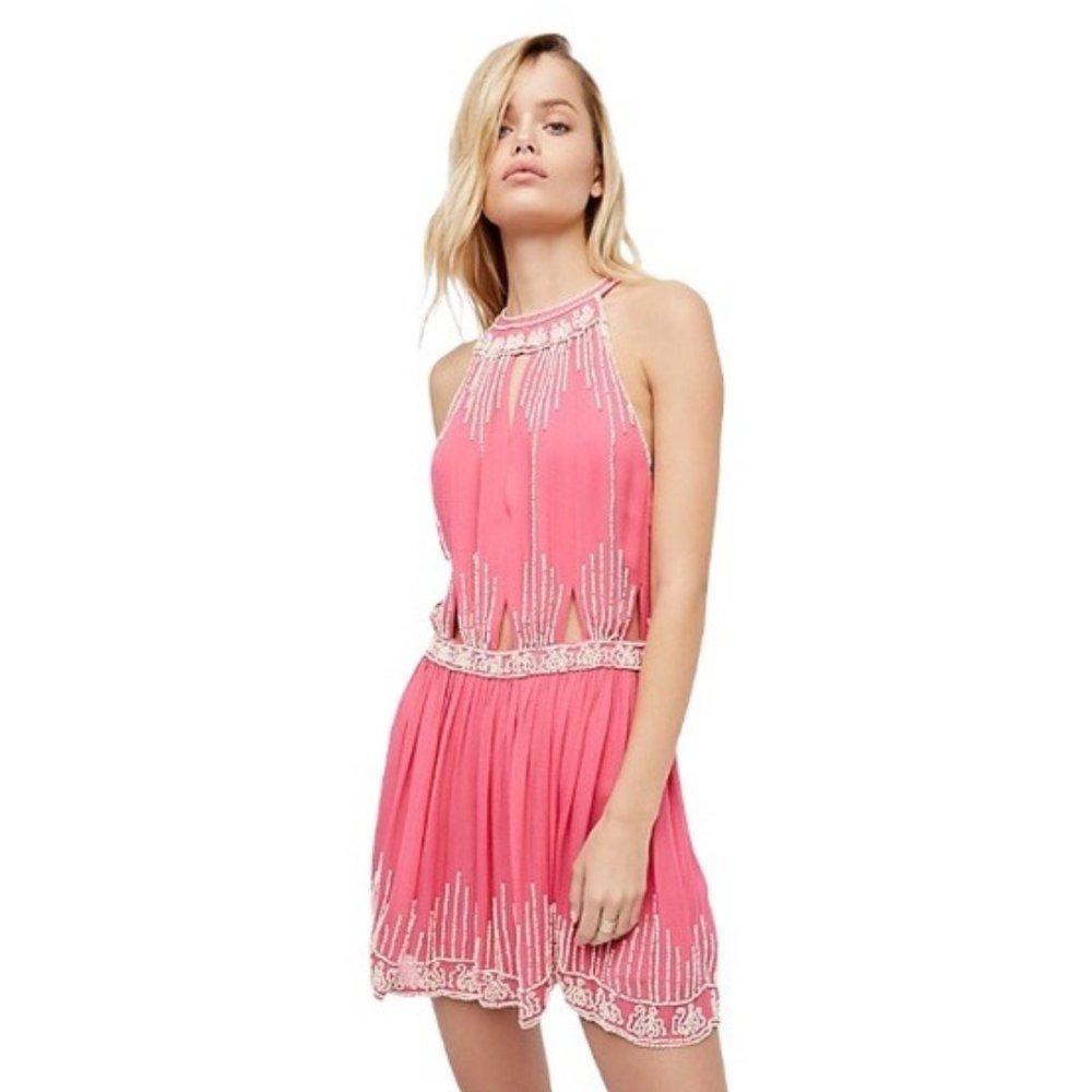 Free People Coral and Cream Embroidered Mini Dress